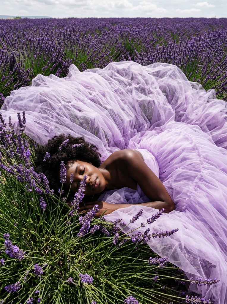 A fashion model lying down in a field of vibrant purple lavender, dark skin, wearing a voluminous, sheer lilac tulle gown, the fabric cascading and billowing over the flowers, eyes closed in a serene expression, face partially obscured by tall lavender stalks, bare shoulder visible, bright natural lighting, high contrast between the pale purple dress and the deep green and purple of the field, overhead perspective, editorial photography, highly detailed textures of the tulle and botanical elements