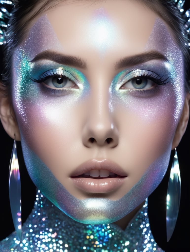 Mesmerizing Holographic face materials shimmer in motion, Photography in the style of Rankin