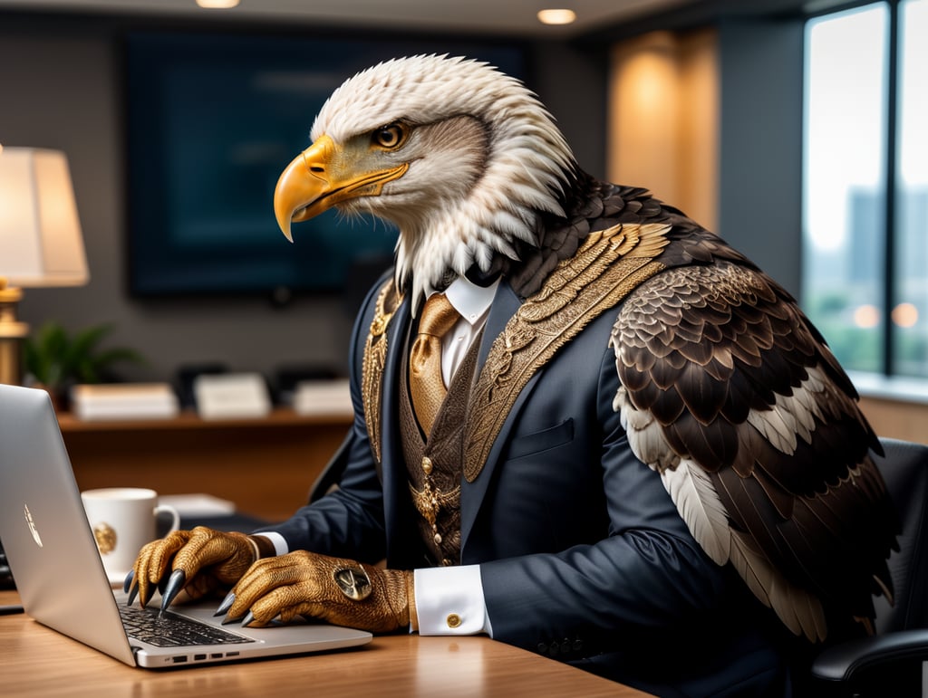 eagle in a business suit working at a laptop in the office