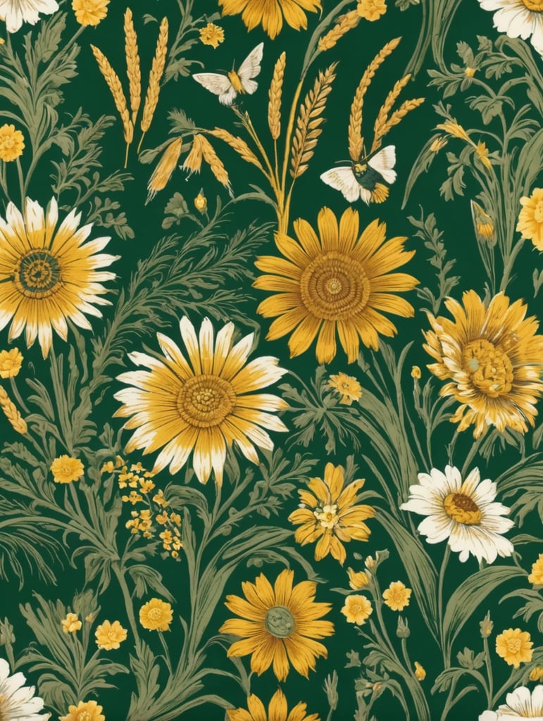 Fabric design for a bedspread with elements of wheat, flowers and birds in yellow, white, green colors