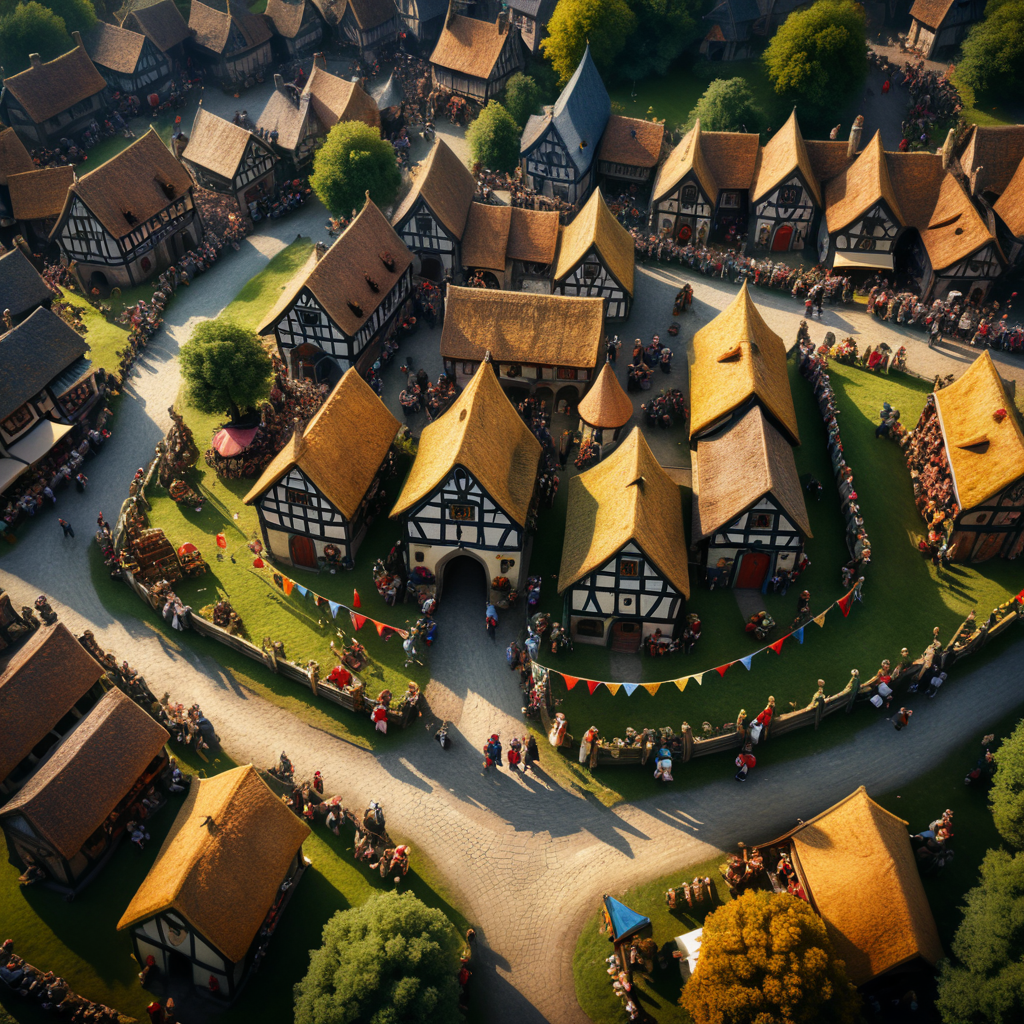 A medieval-inspired creative concept is depicted in a tilt-shift photograph capturing the joyful ambiance of a village fete and fair
