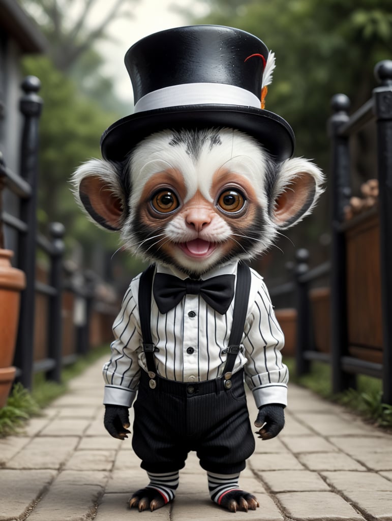 um desenho fofo de um mico filhote, no estilo chibi, 2d, vestido de mimico, com luva branca, suspensório, chapéu coco, maquiagem branca, com detalhes pretos, blusa listrada, calça preta.