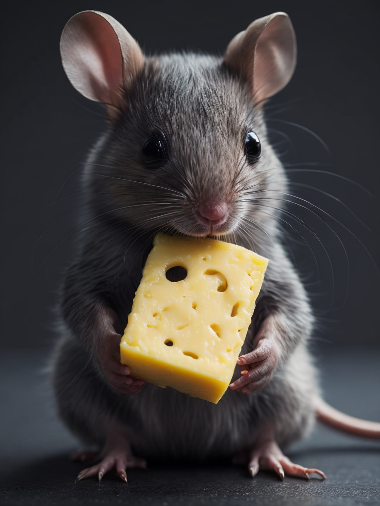 A cute tiny mouse holding a piece of luxury cheese