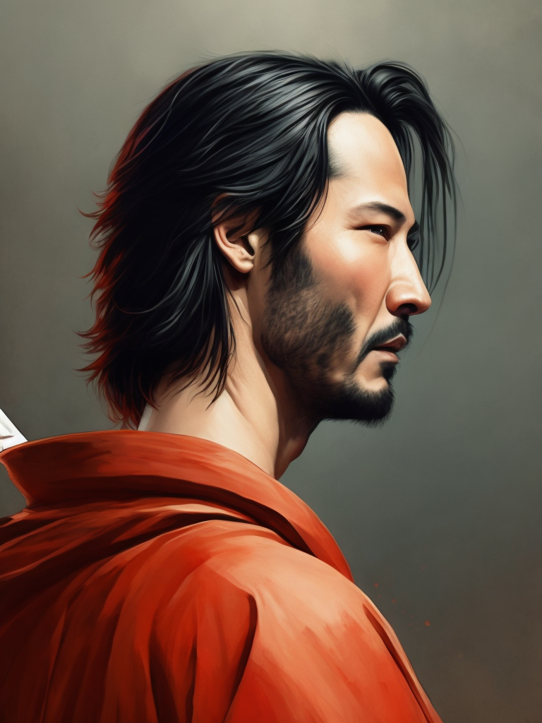 Portrait of Keanu Reeves as a samurai in a red kimono, serious look, detailed background in an oriental style, bright saturated colors