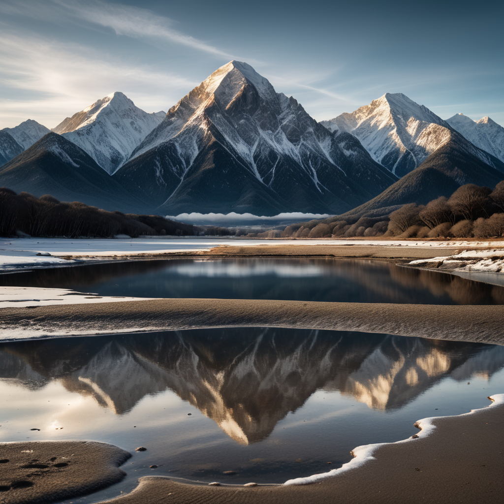 image of a mirror monolith standing in the center of frame on dark sand with some puddles of water in front of snow covered mountains