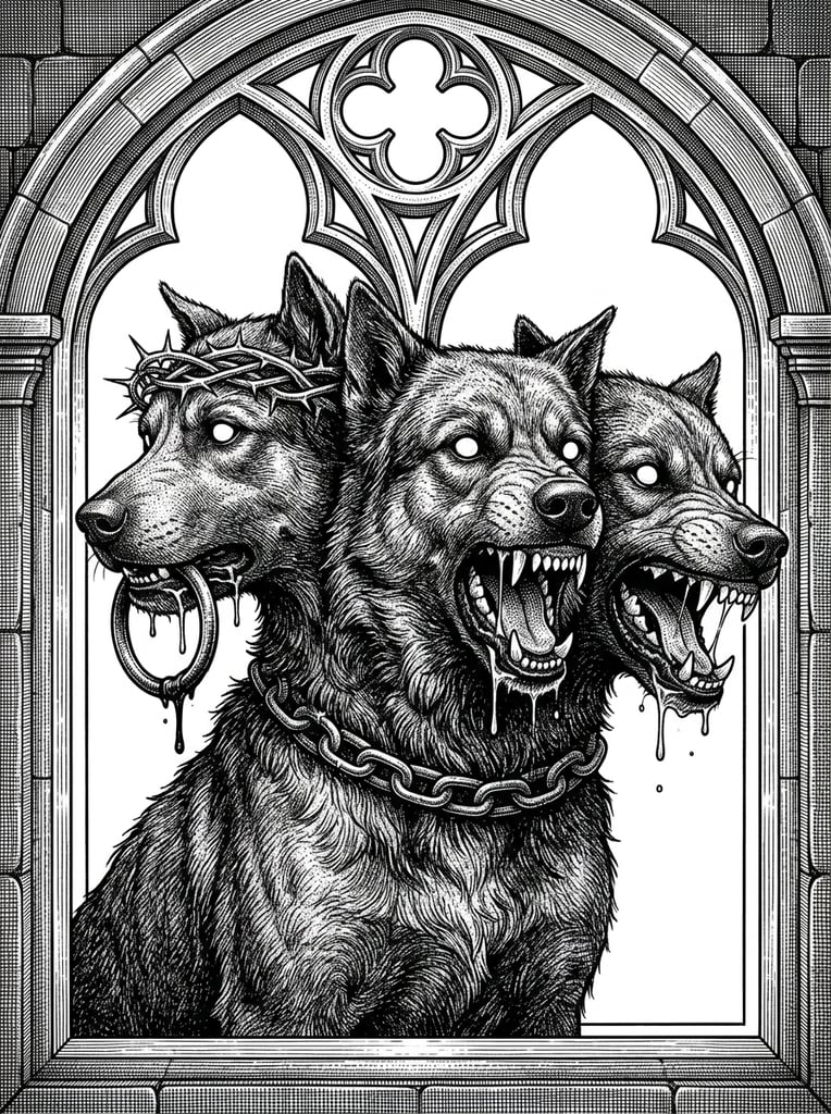 A detailed black and white ink illustration features a three-headed hound framed by a Gothic stone window arch. Dense stippling and meticulous hatching render the creature's intensely textured fur. A massive, thick chain collar encircles its unified neck. The leftmost head turns backward, wearing a woven crown of thorns and clenching a large circular ring in its jaws, dripping thick saliva. The center and right heads face outward with open, drooling jaws exposing sharp teeth. All three sets of eyes are solid, pupil-less white. Precise architectural linework forms a quatrefoil tracery design at the arch's apex against a stark white background. The piece utilizes high-contrast classical engraving techniques, evoking a macabre dark fantasy aesthetic.