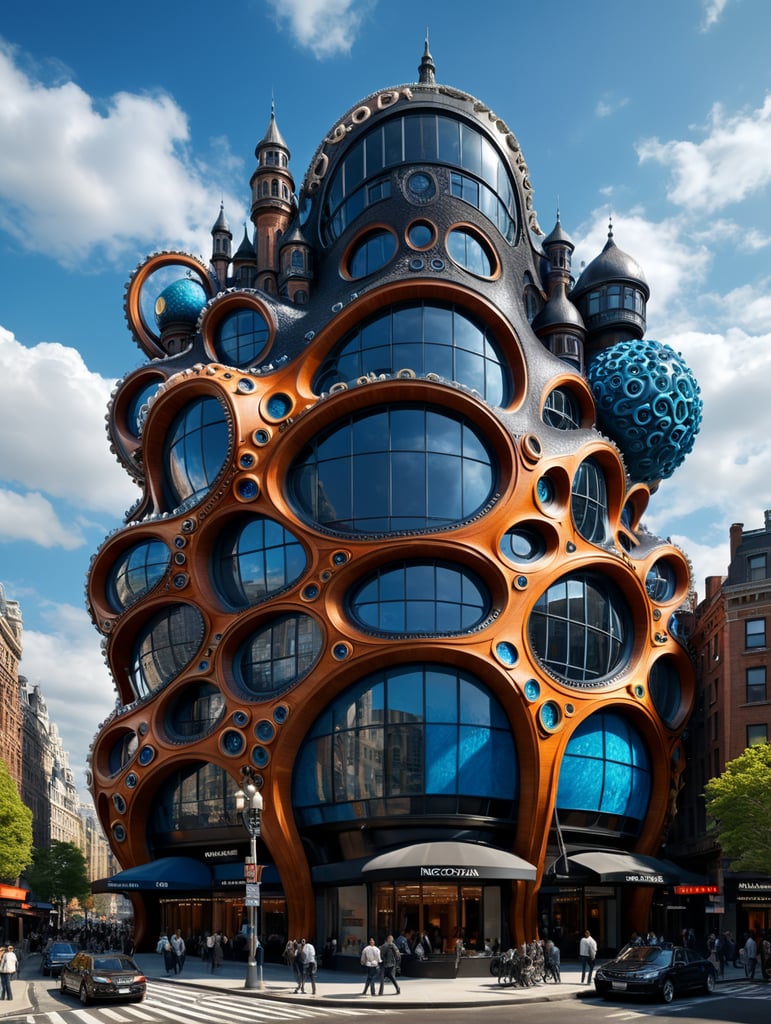 the craziest, bentwood, far view lens architectural modern style hyper realistic hyper detailed neocosmic exterior architecture design of a octopus Fluid complex facade, geometric shapes spectrum, black:2 blue:3, Antoine Blanchard architecture art style, in new York city, dramatic ambient, natural lighting