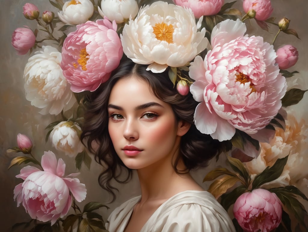 Beautiful girl with big peonies dirty pink and white colors with a lot of petals in her head oil painting floral art still life baroque style golden hues fine art