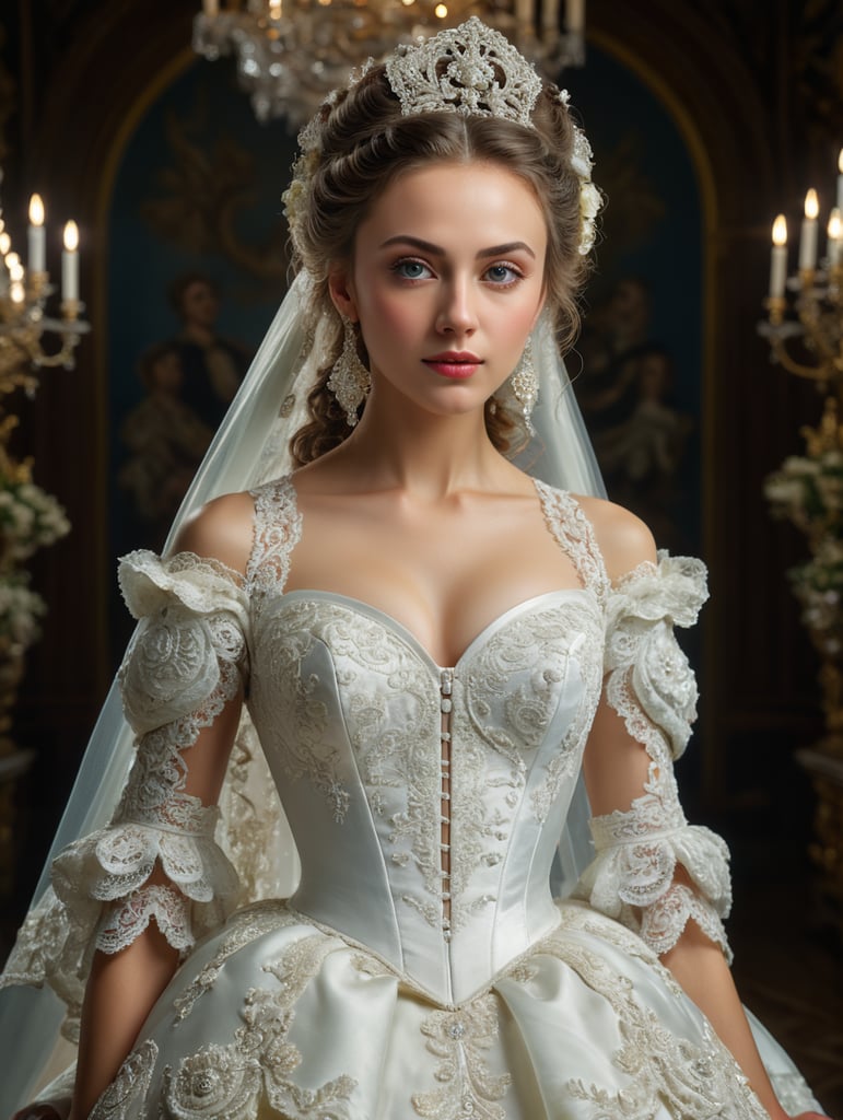 commercial photo of model full body portrait of a young beautiful bride symmetrical face Baroque, Rococo, Surrealism, unreal engine, intricate complexity high resolution, whimsically designed, portrait of a young beautiful bride, symmetrical face, perfect lighting, photorealistic 32K UHD, Pentax K-1 Mark II, Nikon AF-S Nikkor 14-24mm f 2.8G ED --ar 16:9 --style raw --v 5.1 --s 750 --q 2, 4k