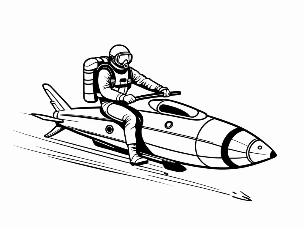 scuba diver riding on a rocket, in the style of basic simple black line art vector comic art on white background