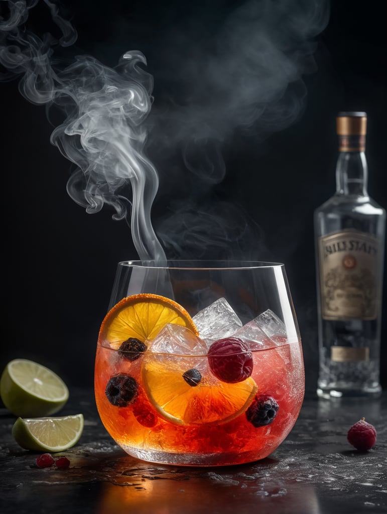 gin cocktail with a dried slice of fruit, smoke, professional food photography, depth of field,