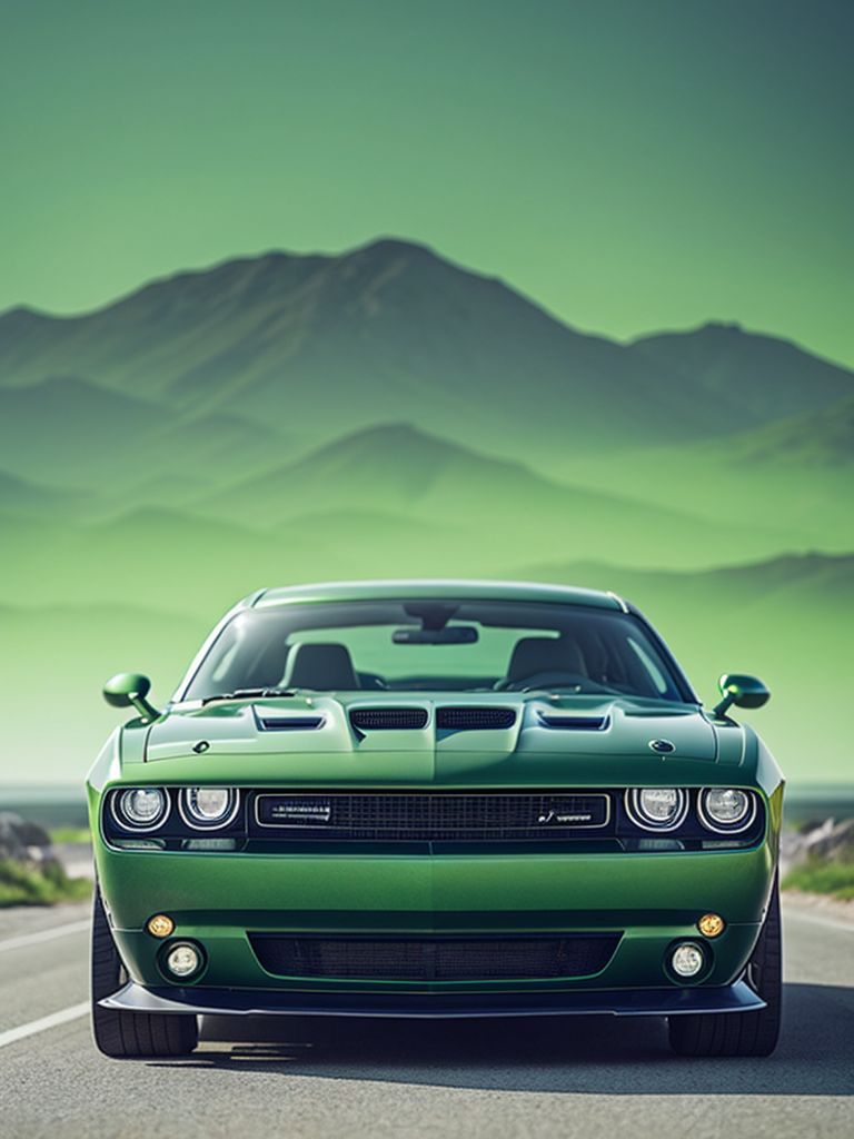 green dodge challenger car with dragon