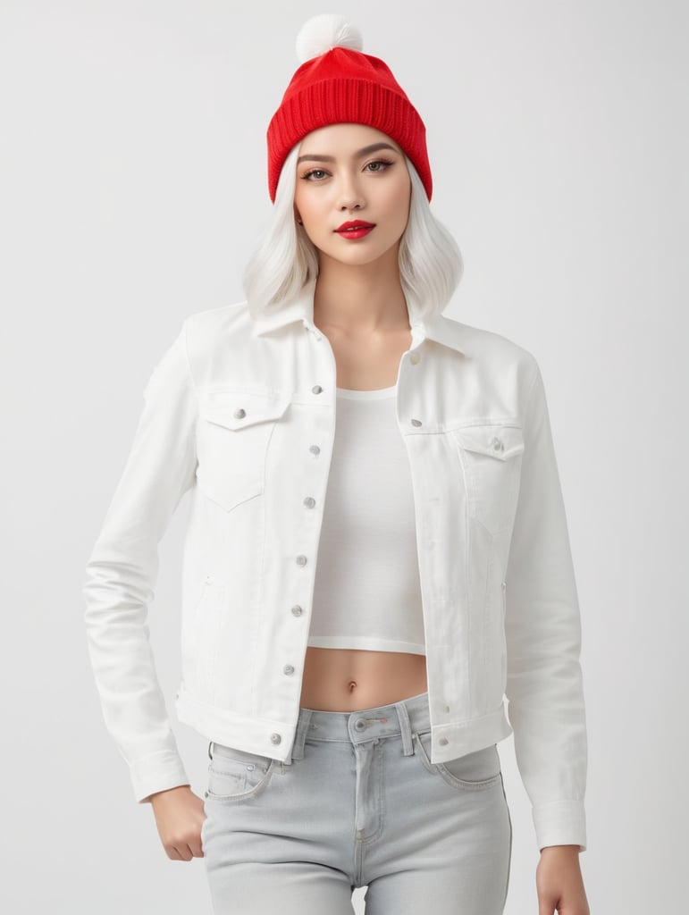a young women with white hair and red hat on his head is wearing a white lacket, isolated, white background
