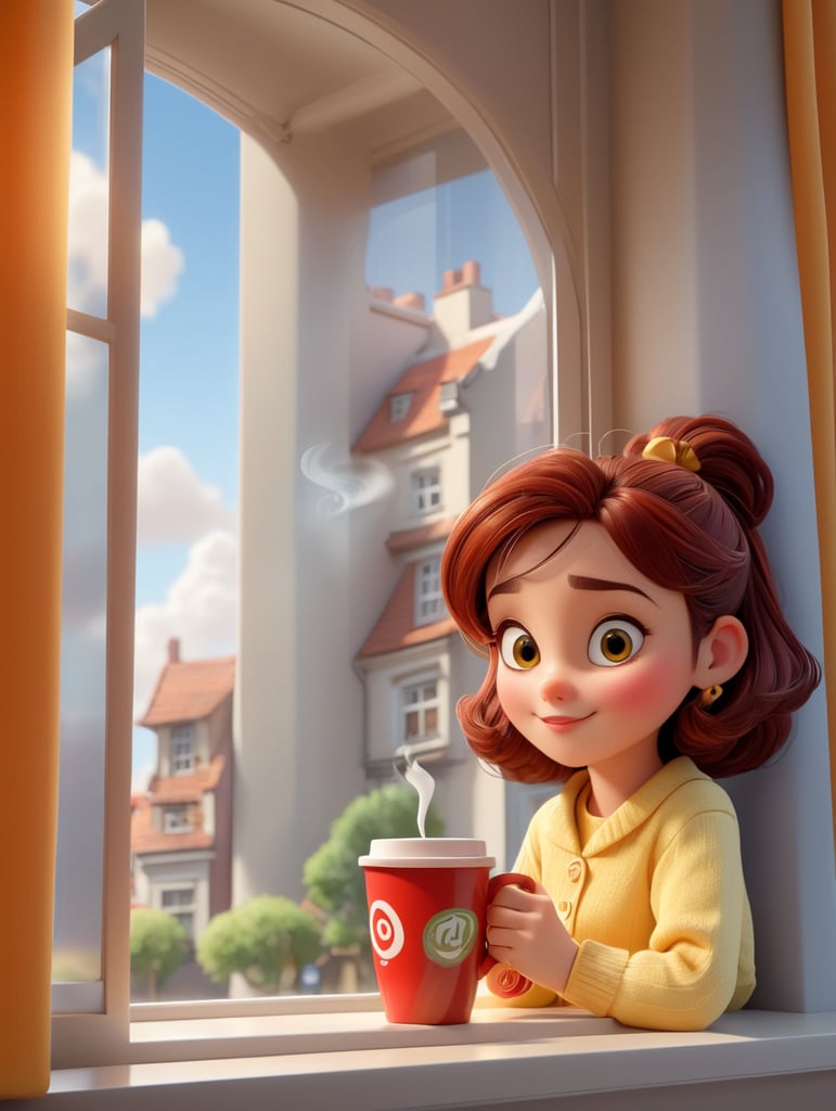 girl taking a coffee cup behind a window illustrated in vector mode