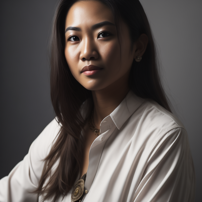 A portrait of a female Filipino creative professional in a studio with white background, midshot