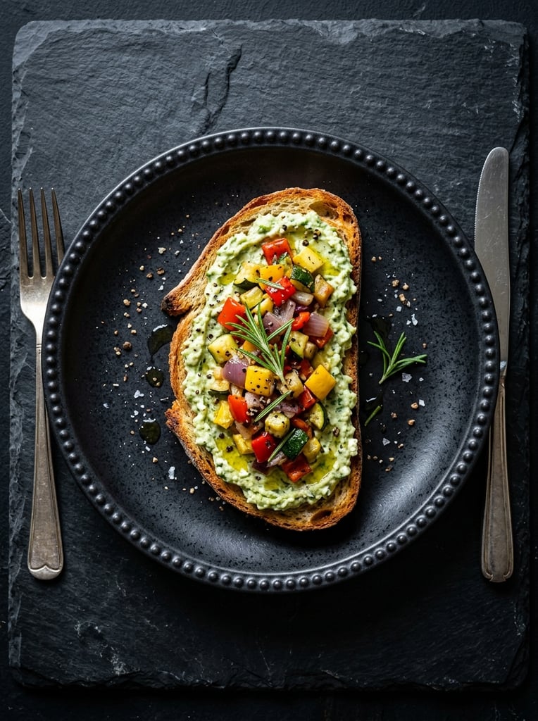 Toasted artisan bread with creamy green spread and diced mixed vegetables, topped with fresh rosemary and coarse black pepper, matte black textured ceramic plate with beaded rim, silver fork and knife, dark slate background, top-down food photography, dramatic directional lighting, high contrast