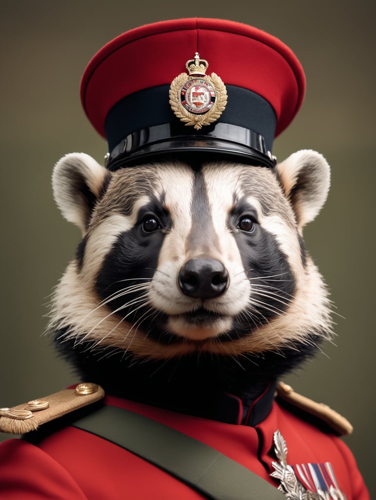 A portrait of a eurasian badger in a red nineteenth century British Army Brigadier uniform
