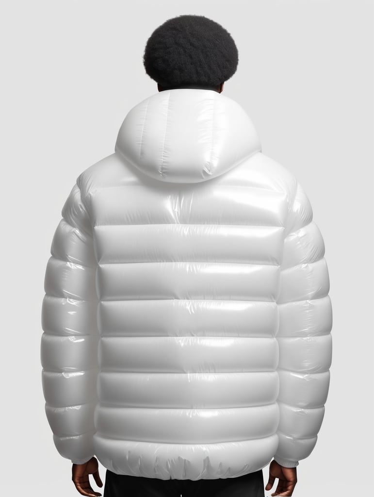 Inflatable white minimalist man's puffer jacket, black afro man, back view, transparent, isolated, grey background, mockup