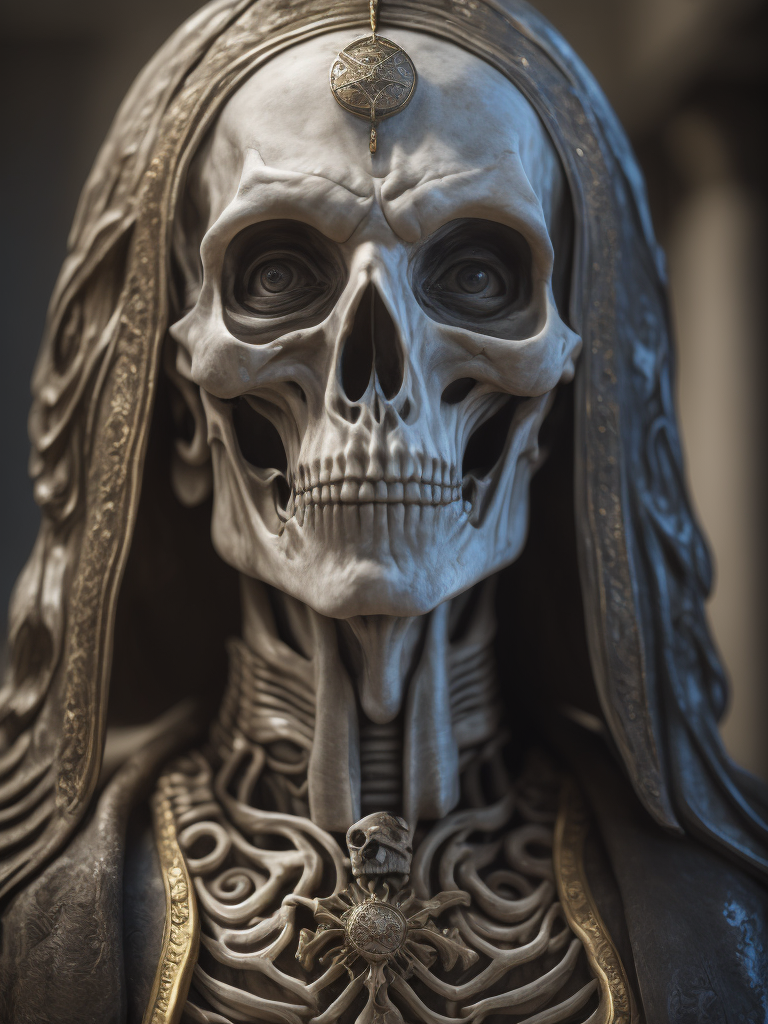 .photo realistic, ultra details, natural light ultra detailed marble sculpture of a female necromancer, skeleton face volumetric fog, Hyperrealism, breathtaking, ultra realistic, ultra detailed, cyber background, cinematic lighting, highly detailed, breathtaking, photography, stunning environment, wide-angle
