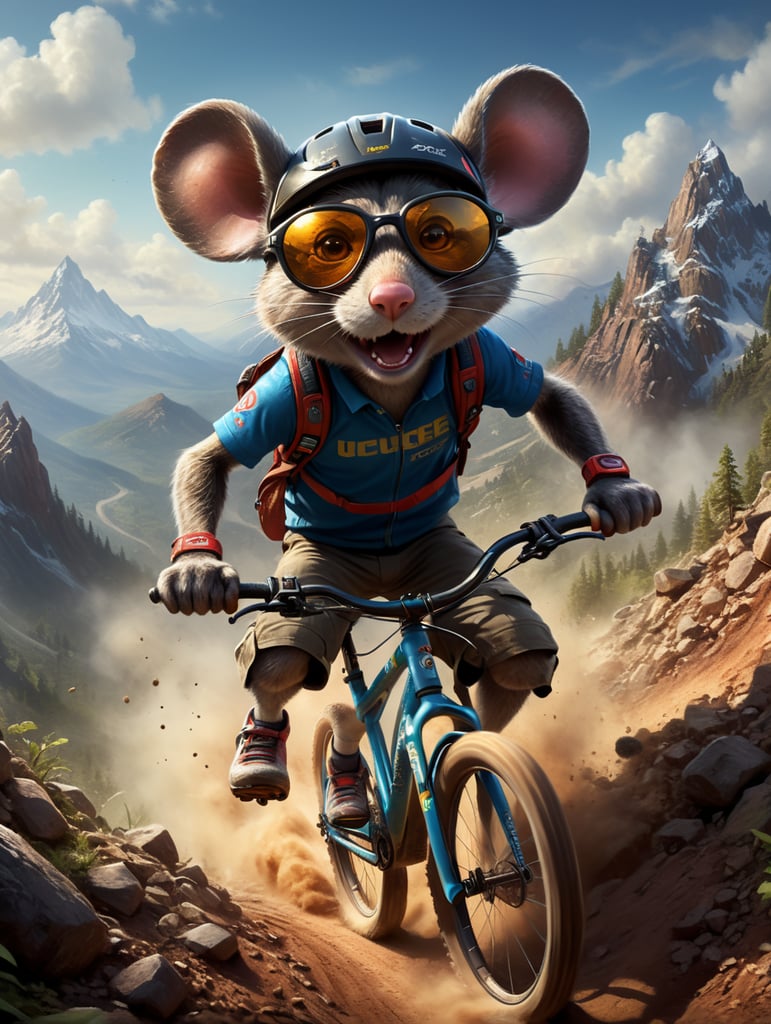 Um rato estiloso de óculos de ciclista descendo a montanha de mountain bike em alta velocidade levantando poeira estilo Disney pixar
