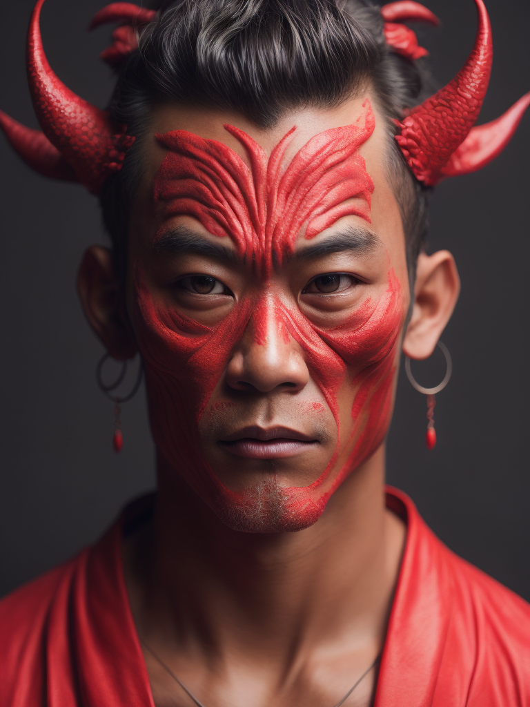 Portrait red japanese demon by Tiago Hoisel, gradient background, Depth of field, Incredibly high detail