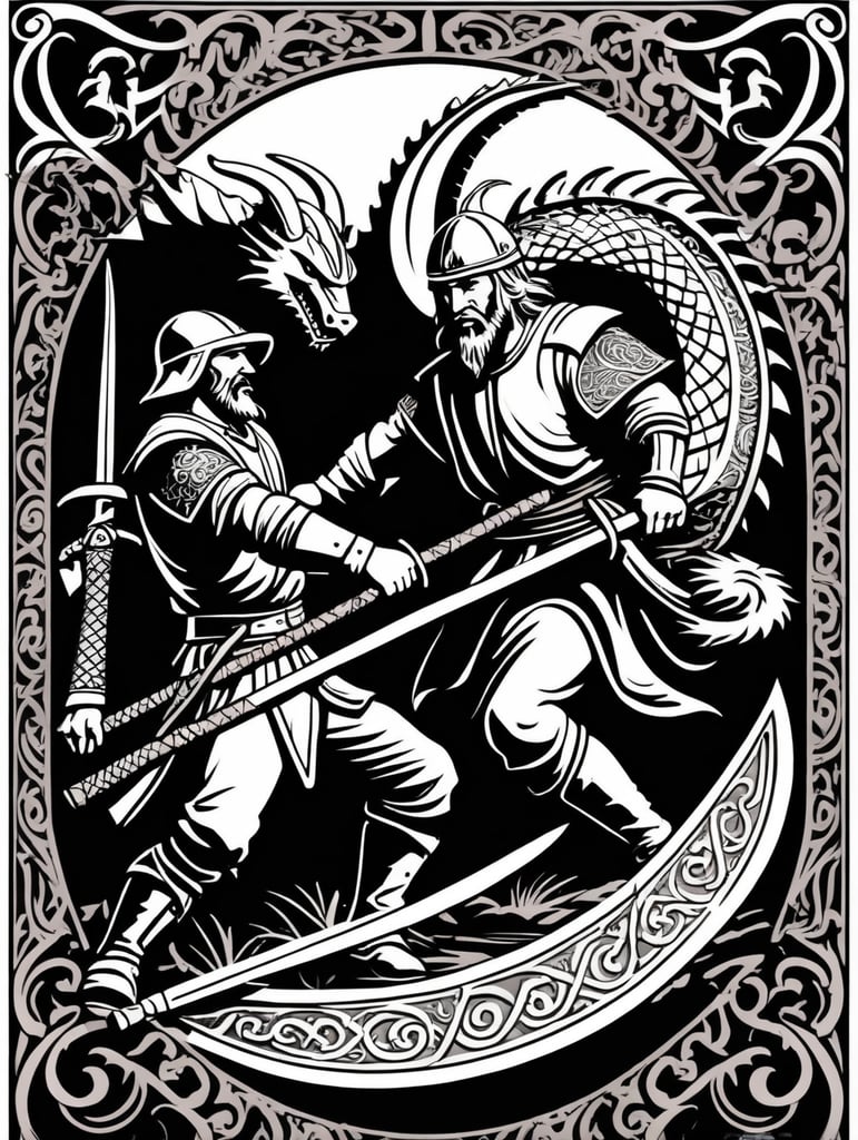 Peasant and dragon combat, wood cutting style, vector graphics, viking era, bevel with rune