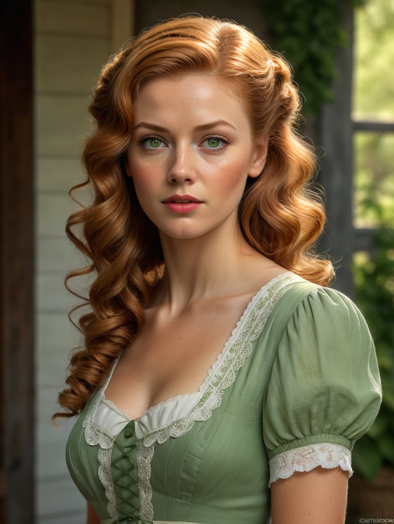 woman in her late 20's with ginger hair in a 40's period typical hairstyle. humble dress. cottage background. almond-shaped light green eyes. tired-looking, a bit shabby but still pretty