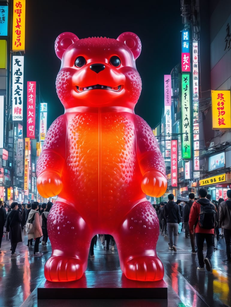 A giant Japanese gummy bear godzilla, translucent, 4 stories tall, walking through Tokyo at night, neon rainy city, cyberpunk, techno city