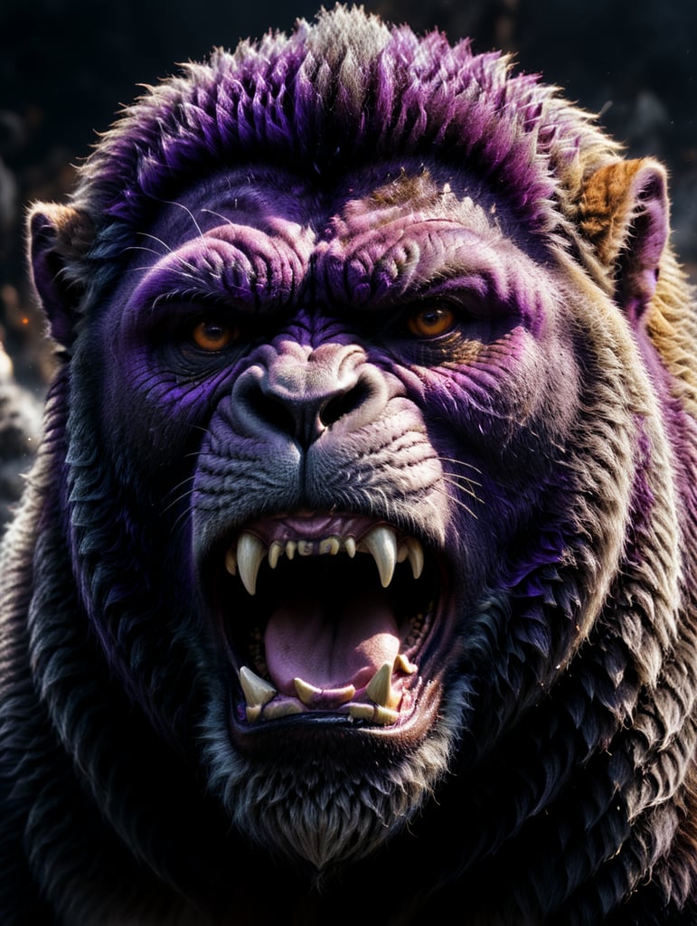 A close-up of the face of a purple gorilla with a lion's mane shouting on white background