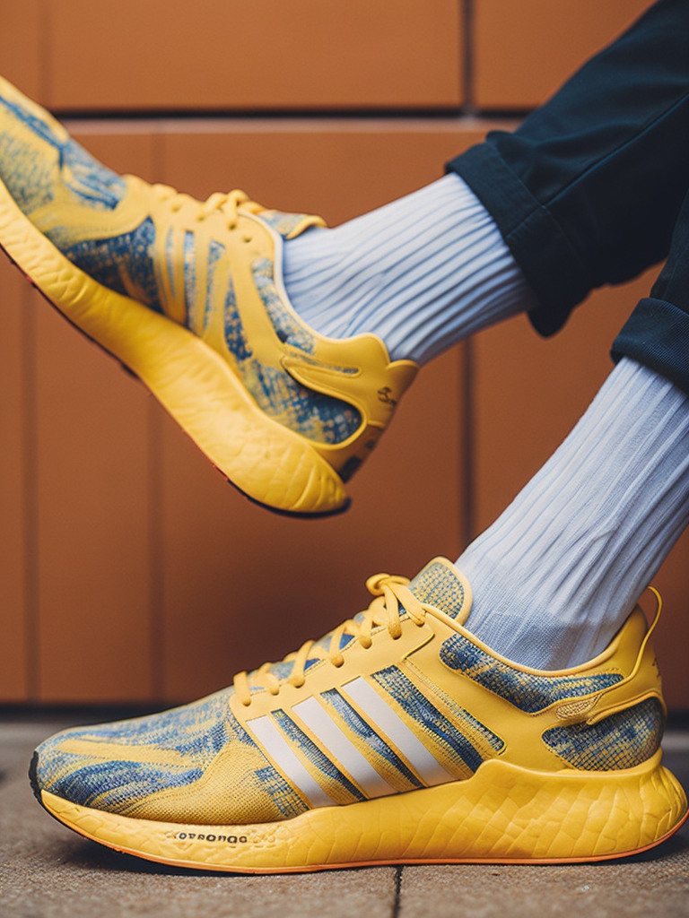 hyper realistic image of adidas hi-tech sports sneakers modern fashion, deep atmosphere, saturation, vibrance, sharp on details