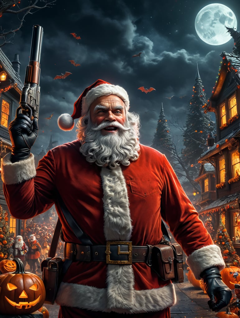Santa Claus is coming to town, Halloween vibes, rocket gun, dark comic book style