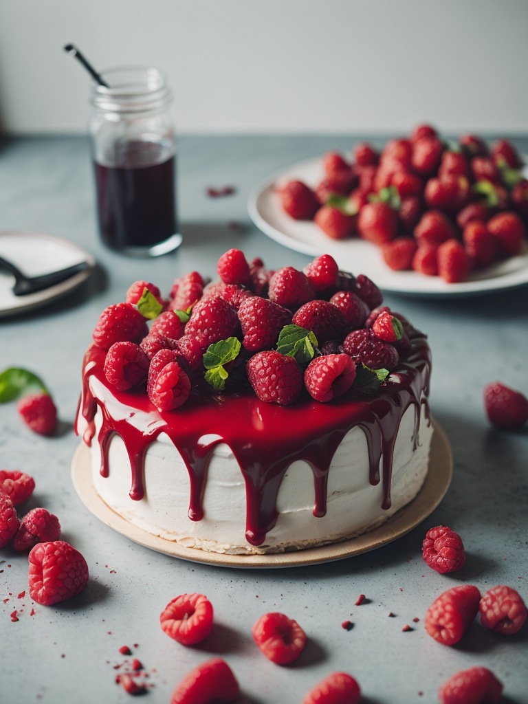 Cake with raspberries, provence atmosphere, dramatic Lighting, Depth of field, Incredibly high detailed