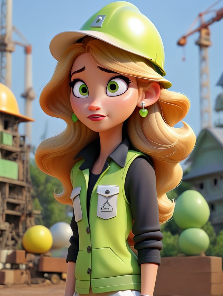 straight blonde hair girl brown eyes, with white construction hat, a green construction work reflective vest, golden earrings, a silver watch in a left arm, white wide pants and white shoes, with construction background, cartton style