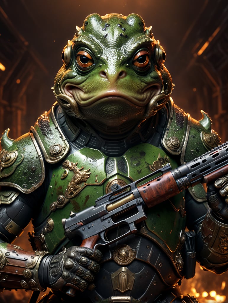 frog in doomguy armor with a shotgun in his hands