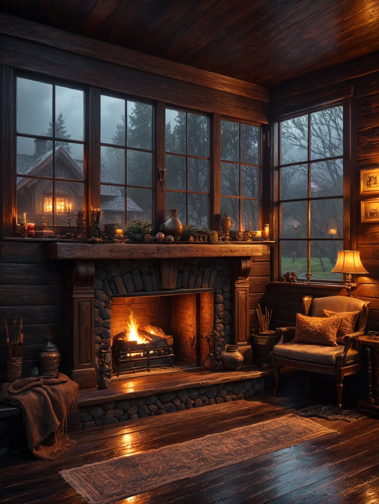 warm cozy nice decor wood house, raining outside window, fireplace inside