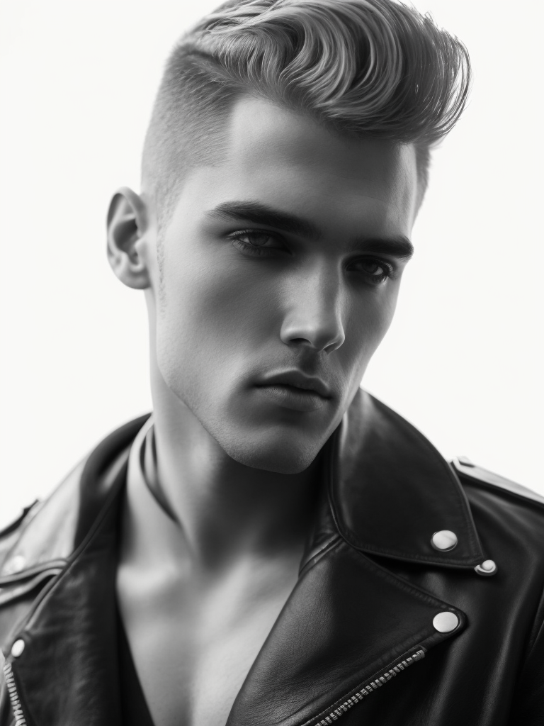 Portrait of a man with a haircut like Elvis Presley, leather jacket, black and white