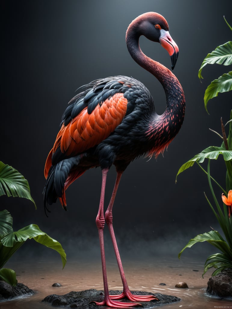 one black flamingo balanced