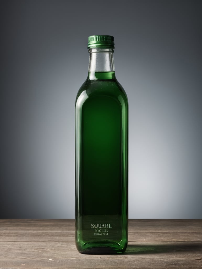 square Green glass bottle with mineral water mockup, no label, isolated, grey background