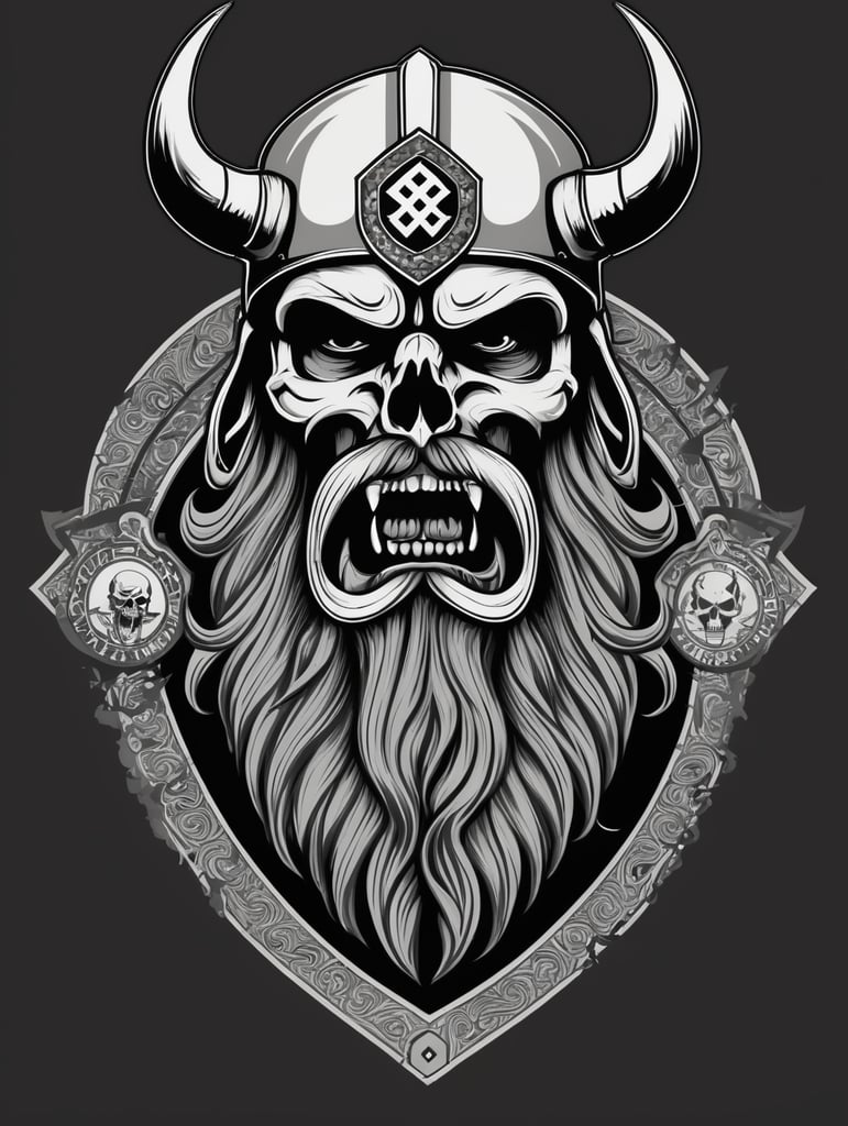 Aggressive Viking with beard skull military chevron logo, black and white, war Logo, vector image