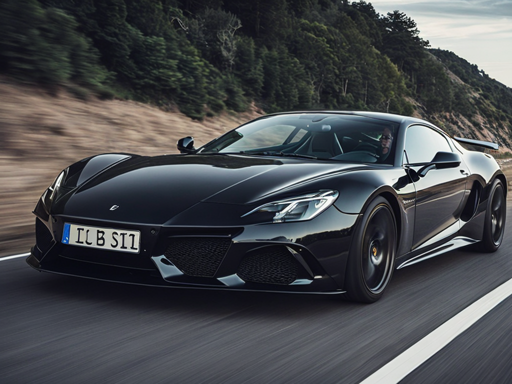 A luxurious sports car in a glossy black finish, speeding on an open road
