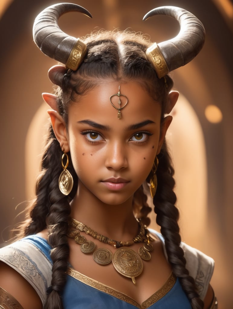 Attractive young teenager girl tiefling with light brown skin, mixed raced, African-european girl, beautiful, stunning, 2 horns, annoyed look in her eyes, golden accessories and drawings on her cheeks like magical runes