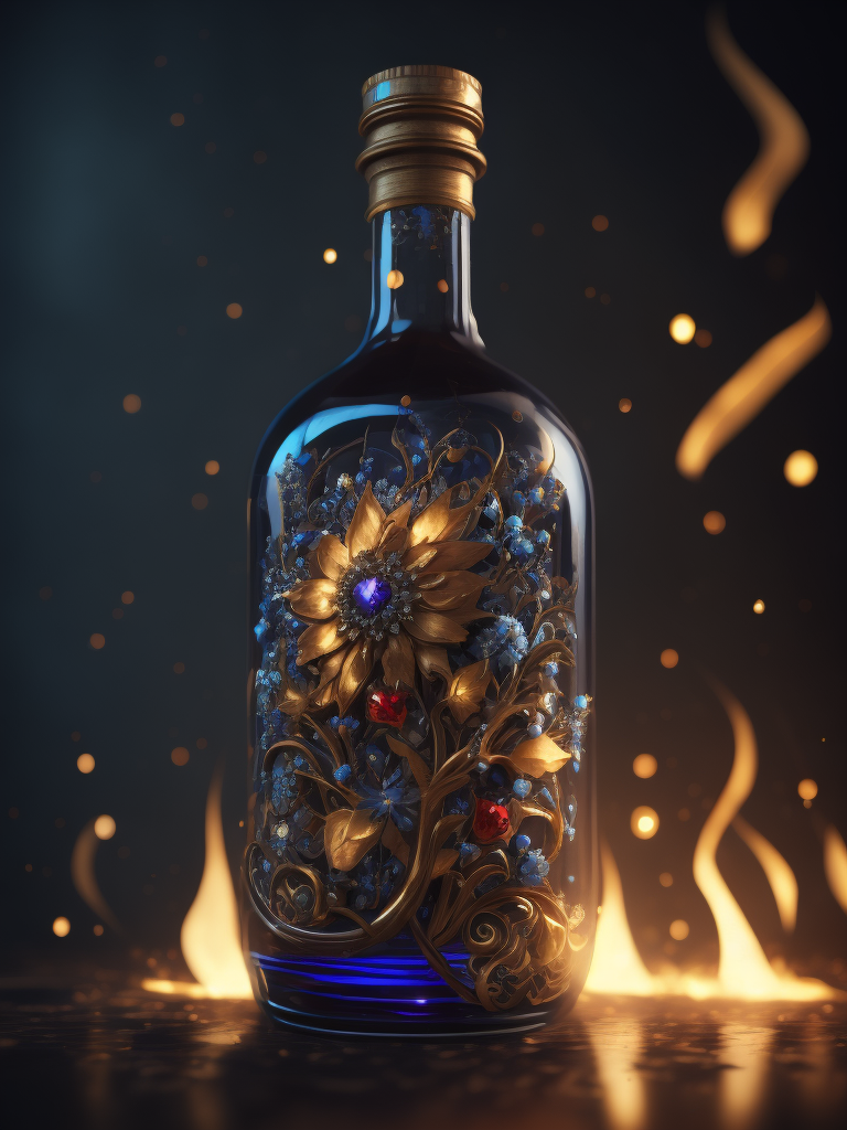 Magic elixir bottle from, carved glass, decorated with flowers and gems, fairy atmosphere, illumination, dark blue color, smoke