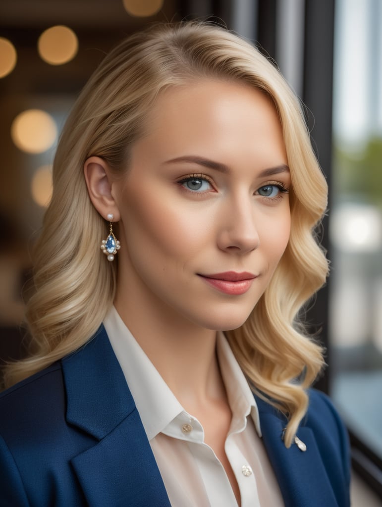 business lady young blonde enfas blonde ponders smiles blue jacket pearl earrings