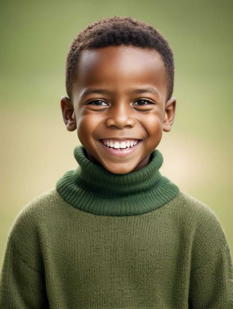 a potrait of a happy cute small 5 year old african boy in a green warm pullneck sweater smiling