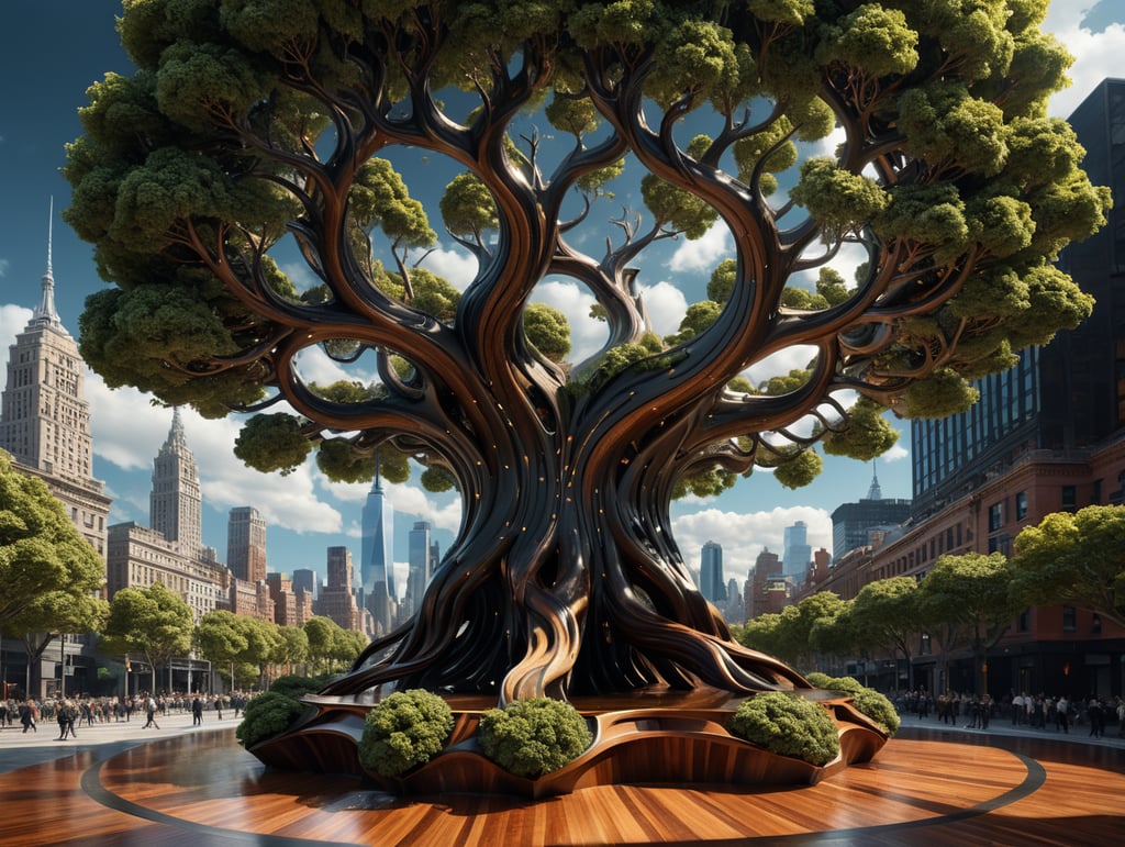 dream prompt: the craziest wide viewing angle and large view lens architectural modern style hyper realistic hyper detailed neocosmic exterior architecture design of a tree shape Fluid complex, wood geometric leaves spectrum, wood::1 white::3, Santiago Calatrava and Aaron Horkey architecture art styles, in new york city, soft ambient, night light, cinematic photo, natural lighting, camera nikon, 8k, --s1000 --style raw, you can imagine