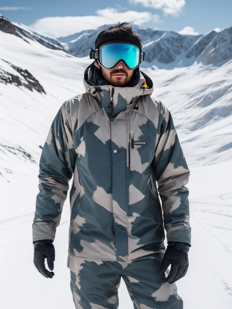 A man in a snowboard suit with snowboard goggles, against the backdrop of snow-capped mountains, high quality details