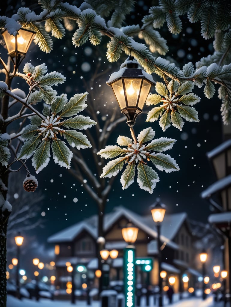 Transform a serene night scene into a magical winter wonderland by adding delicate snowflakes gently falling from the sky and deposited on the tree shining from a street light. Capture the essence of a peaceful winter evening by overlaying your photo with a flurry of snow, bringing a touch of enchantment and tranquility to the scene