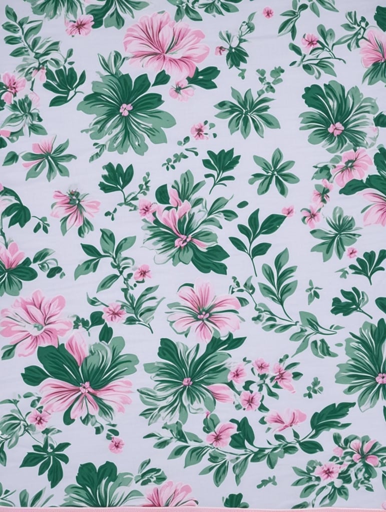 Fabric design for a bedspread with elements shades of pink flowers and green leaf