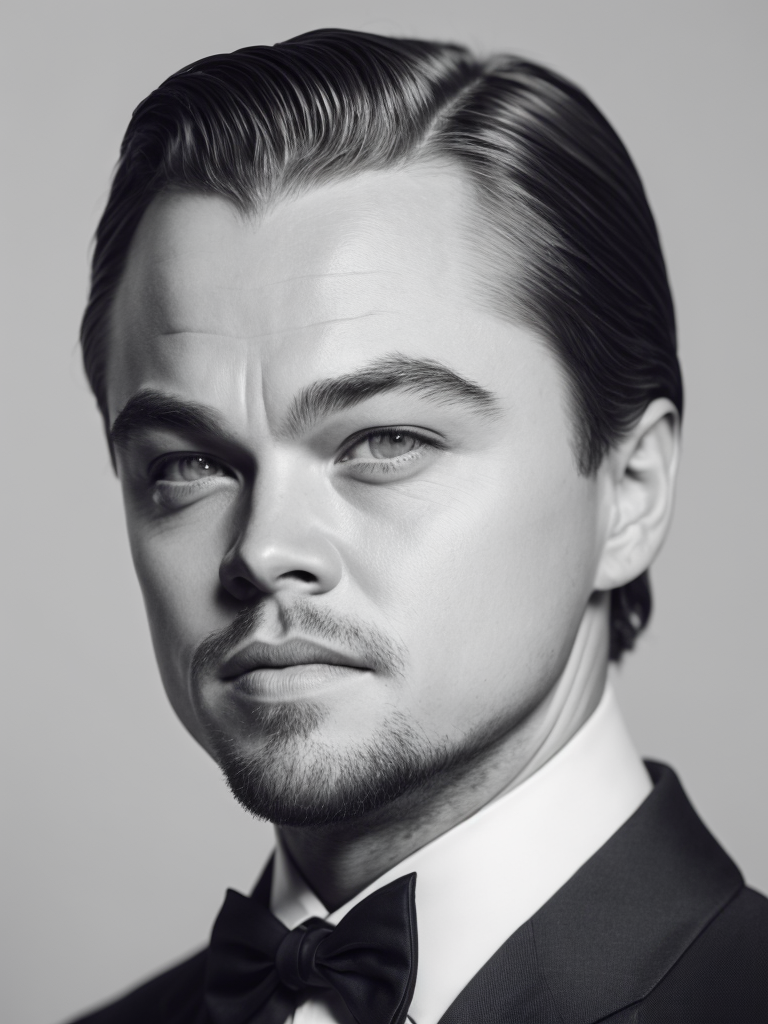 Portrait of Leonardo DiCaprio in a bow tie tuxedo, contrasting light, detailed face, muted tones