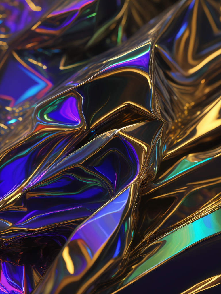 Texture of crumpled holographic foil, pattern, background, top view, metallized effect, metallic, multi-colored reflections, holographic effect
